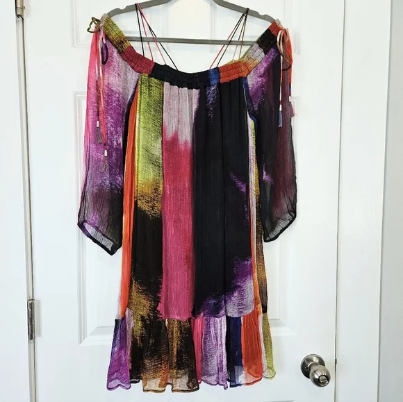 Anthropologie Floreat Off Shoulder Watercolor Sheer Lined Boho Dress S - Picture 4 of 8